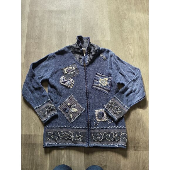 Graver Studio Womens Appliqué Knit Zip Cardigan Sweater Blue Mixed Patterns M - Picture 3 of 8